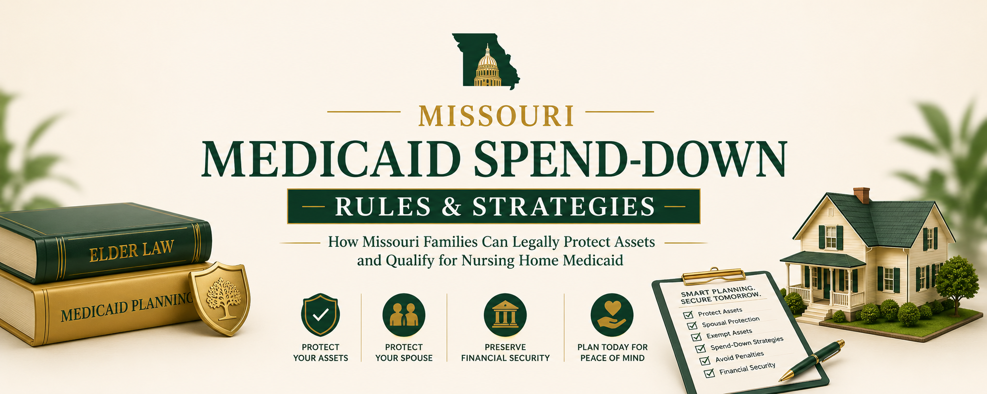 Missouri Medicaid spend-down rules and strategies banner image showing nursing home Medicaid asset protection planning concepts