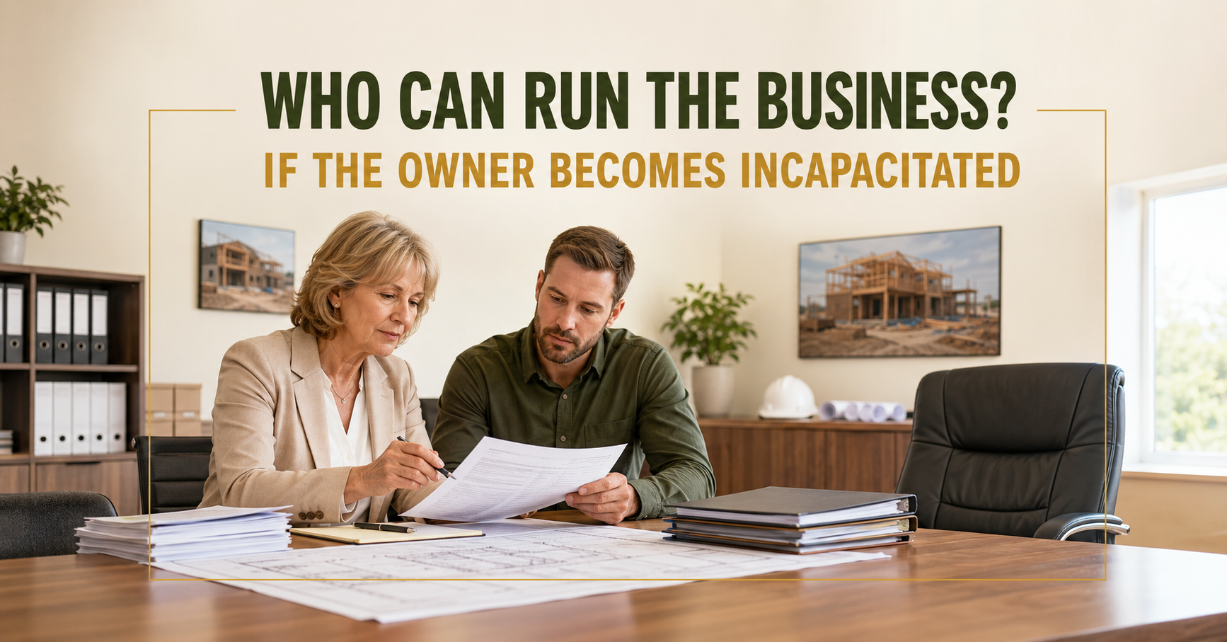 Missouri family business representatives reviewing company documents beside an empty owner’s chair during incapacity planning