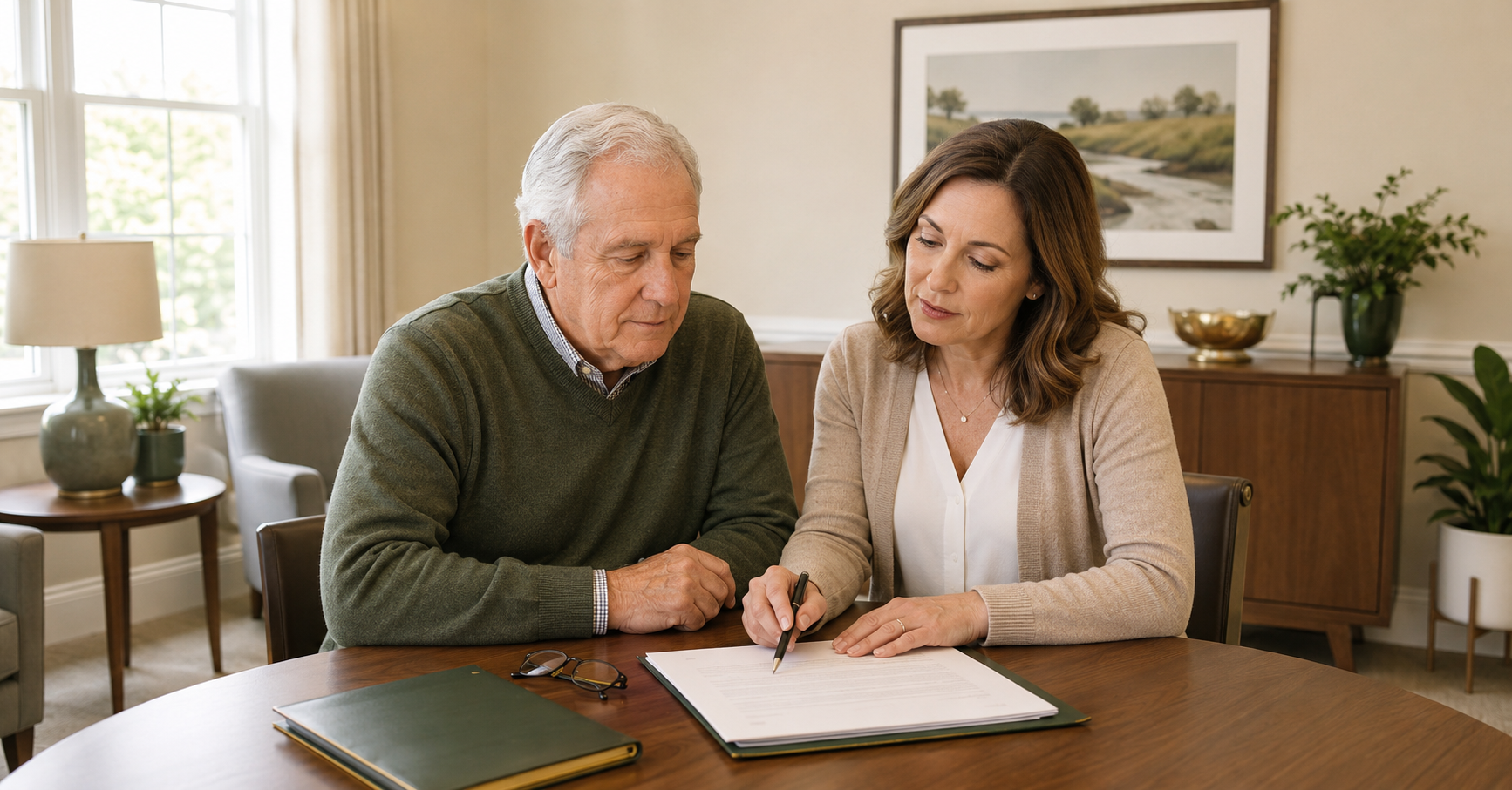 Missouri father and adult daughter reviewing a nursing home admission agreement before signing